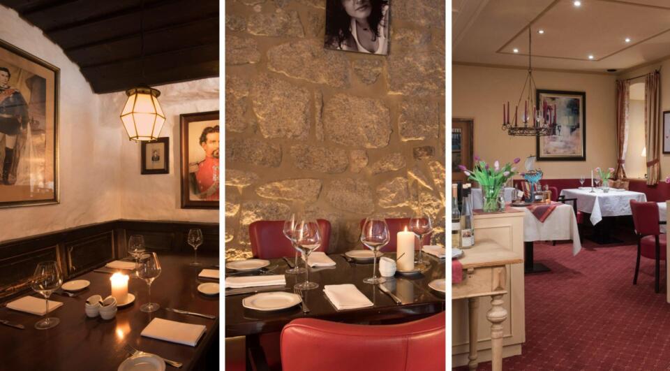 Drei Restaurant-Innenräume, jeweils mit ordentlich gedeckten Tischen, Kerzen und gerahmten Kunstwerken oder Fotos an den Wänden; gemütliche Beleuchtung und warme Farbtöne schaffen eine einladende Atmosphäre zum Essen.