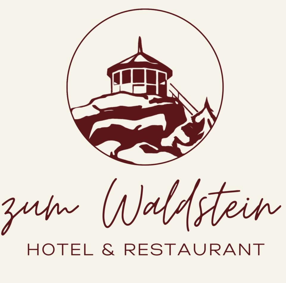 Logo des „zum Waldstein Hotel & Restaurant“, eines charmanten Balkan-Restaurants, das einen illustrierten Pavillon auf einem felsigen Hügel zeigt, der von einem Kreis umrahmt ist, wobei der Name des Unternehmens darunter in Schreibschrift und Druckbuchstaben steht.
