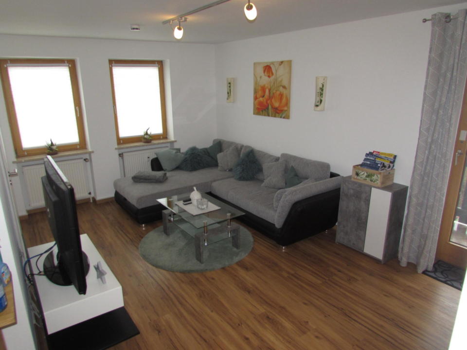 Modernes Wohnzimmer mit einem grauen Ecksofa, einem Couchtisch aus Glas, Holzboden, einem Fernseher auf einem Ständer, zwei Fenstern mit Jalousien, Kunstwerken an der Wand und kleinen Pflanzen auf den Fensterbänken.