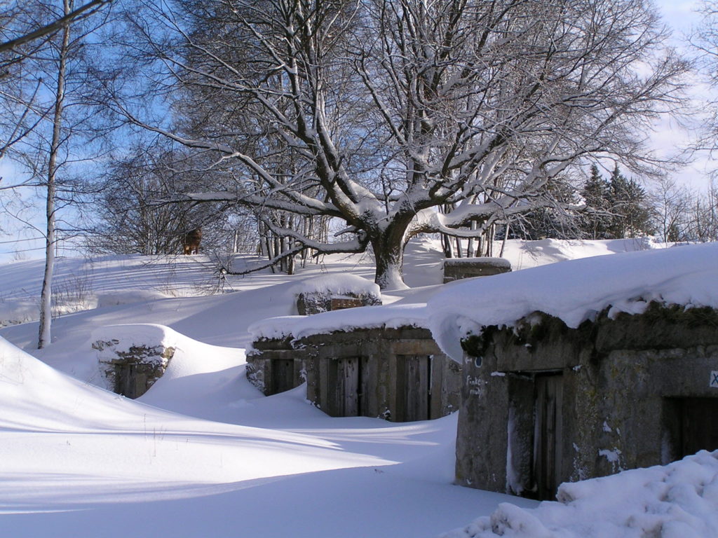 Ansicht der schneebedeckten Eingänge zu den Felsenkellern.