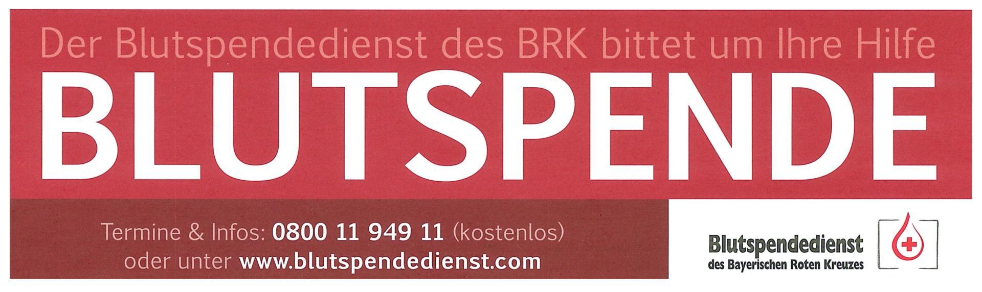Deutsches Plakat mit der großen Aufschrift „BLUTSPENDE“ und Informationen zur Blutspende vom Bayerischen Roten Kreuz, einschließlich einer Website und einer Telefonnummer für Terminvereinbarungen und weitere Informationen.