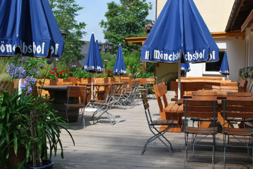 Terrasse im Freien mit Holztischen und -stühlen, blauen Sonnenschirmen und Topfpflanzen im Landgasthaus Birkenhof. Freie Sitzplätze, strahlender Sonnenschein und das Grün im Hintergrund schaffen eine einladende, entspannte Atmosphäre.