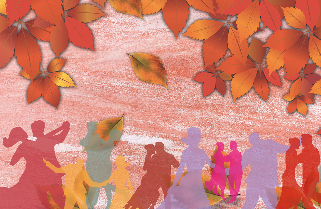 Silhouetten von Menschen, die in bunten Farben unter Herbstblättern tanzen, vor einem strukturierten orangefarbenen Hintergrund und mit vereinzelten herabfallenden Blättern.
