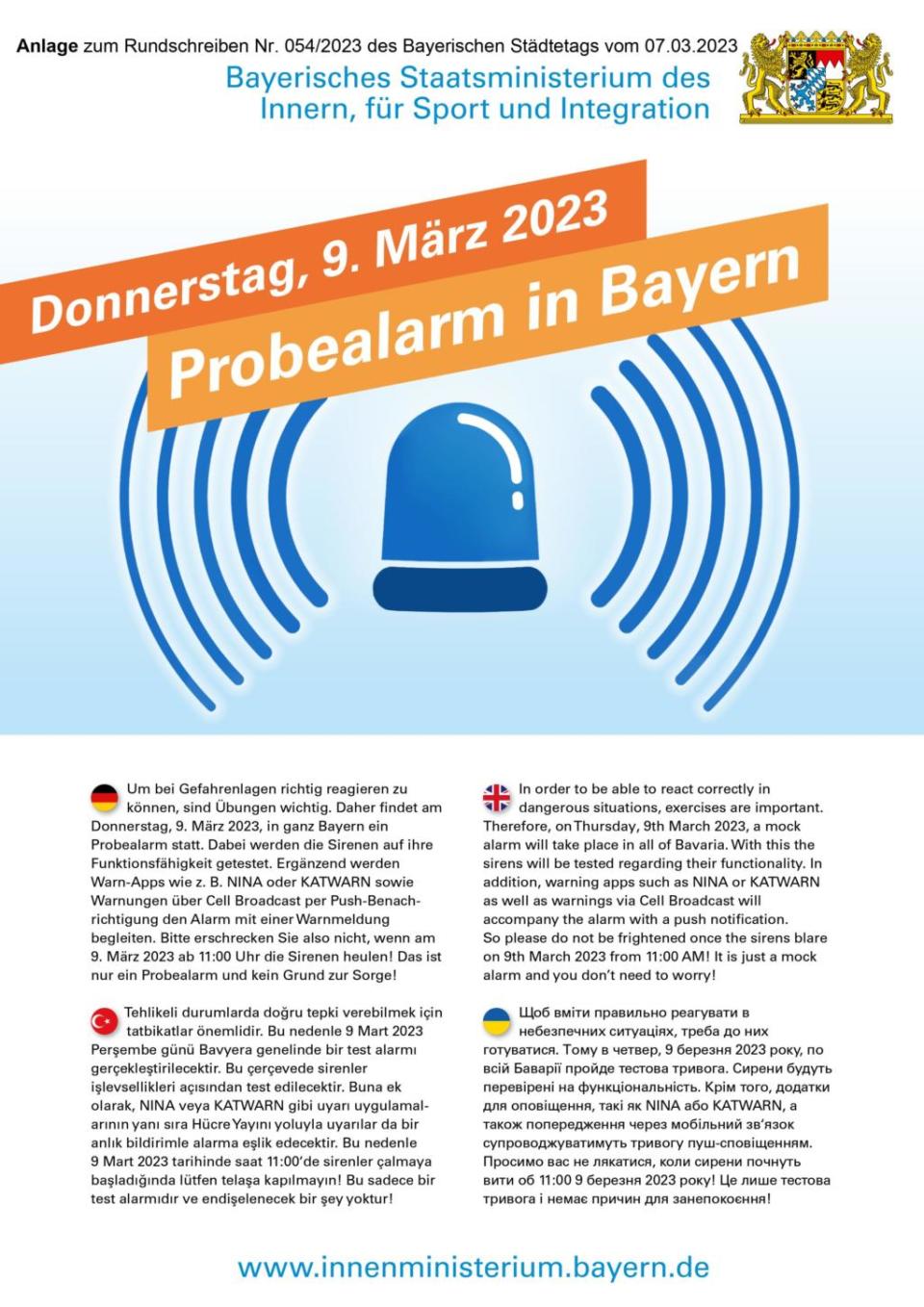 Ein Informationsplakat des Bayerischen Staatsministeriums kündigt für Donnerstag, den 9. März 2023, einen „Probealarm Bayern“ an. Das Plakat zeigt ein blaues Alarmsymbol und einen Text in deutscher Sprache über die bevorstehende Notfallübung.