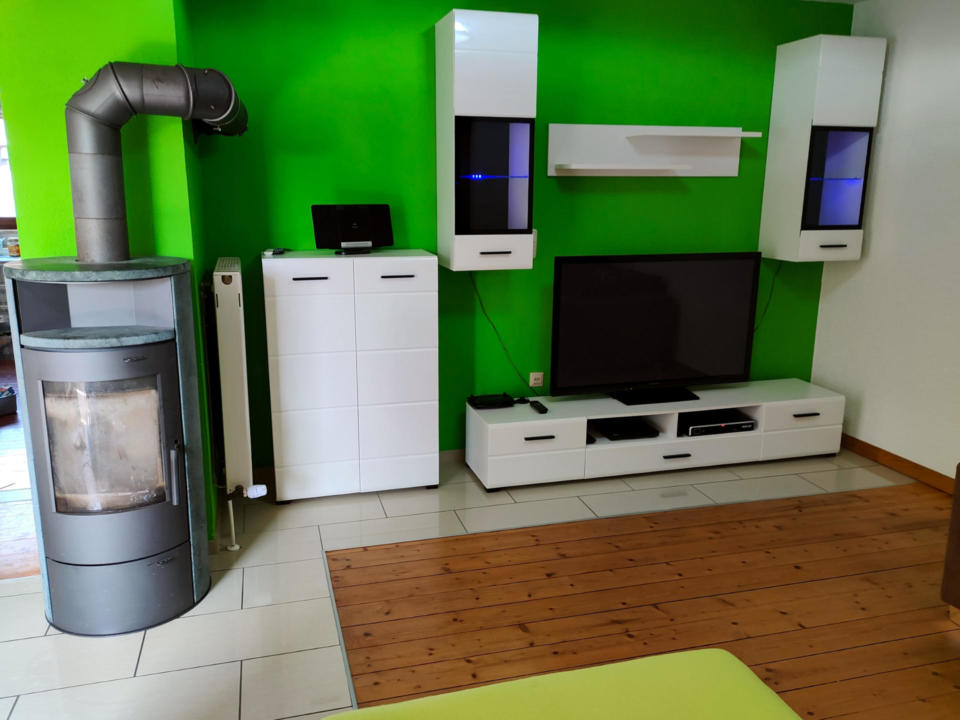 Modernes Wohnzimmer mit einer begrünten Wand, weißen Schränken, einem Flachbildfernseher, einem schwarzen Holzofen auf der linken Seite und einer Kombination aus Fliesen- und Holzboden.