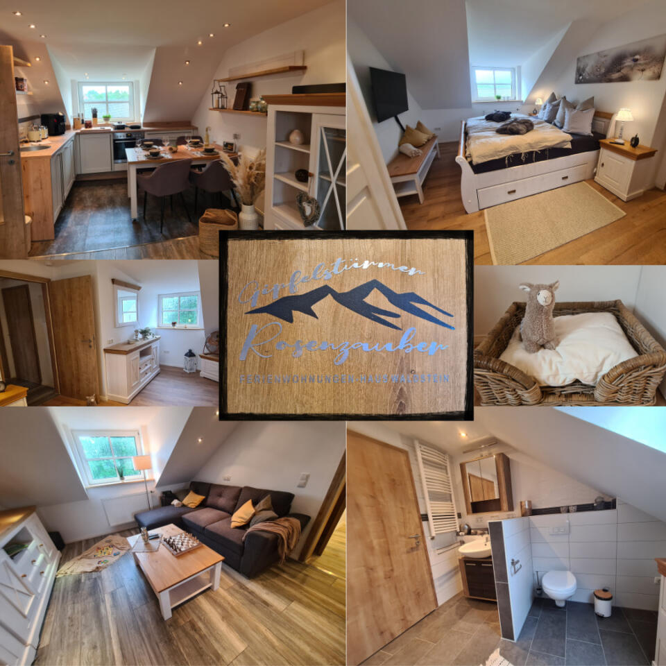 Eine Collage zeigt eine moderne Wohnung mit Küche, Essbereich, Schlafzimmer, Wohnzimmer, Badezimmer und einem gemütlichen Haustierbett. In der Mitte ist ein Holzschild mit der Aufschrift „Herzlich Willkommen Rauriszauber“ zu sehen.