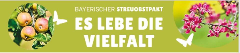 Grünes Banner mit Äpfeln auf der linken Seite, rosa Blumen auf der rechten Seite und weißen Schmetterlingen. Der Text auf Deutsch lautet: „Bayerischer Streuobstpakt. Es lebe die Vielfalt.“ Das farbenfrohe Design unterstreicht das Thema „Obstbestimmung“ und die Würdigung der Artenvielfalt.