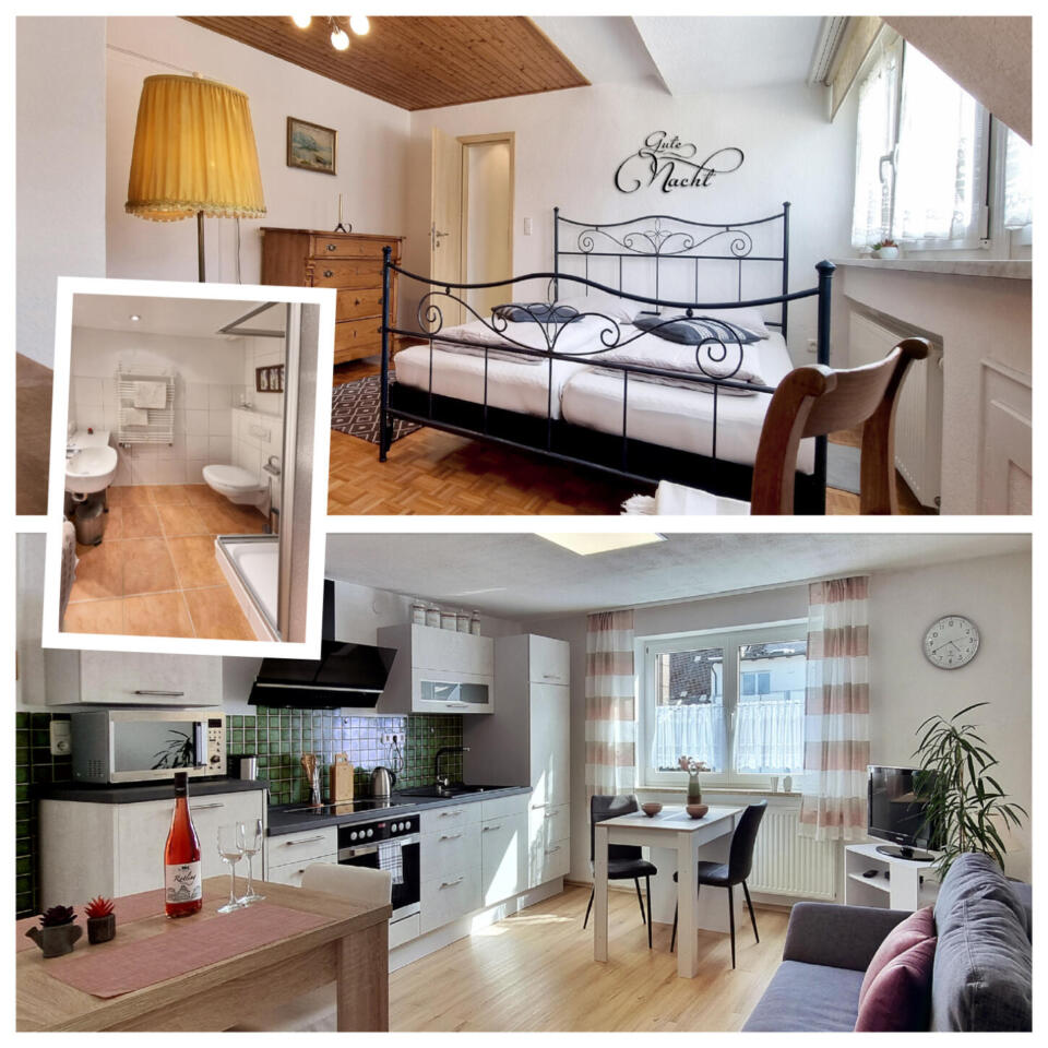 Eine Collage, die ein gemütliches Schlafzimmer mit einem schwarzen Metallbett, ein Badezimmer und eine moderne Küche mit Esstisch und Sofa zeigt – geprägt von warmer Beleuchtung und einer wohnlichen Einrichtung – bietet einen einladenden Einblick in den Komfort der Ferienwohnung Fuss.