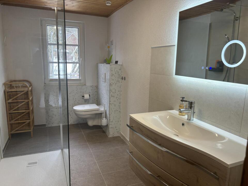 Ein modernes Badezimmer mit einem wandhängenden WC in Fensternähe, einem Waschtisch aus Holz mit zwei Waschbecken, einem großen Spiegel mit Beleuchtung, einer Glasduschkabine und einem hohen Regal aus Korbgeflecht. Neutrale Farbtöne und der Fliesenboden sorgen für ein klares, helles Ambiente – ein einladender Raum, der die raffinierte Schlichtheit des Wulgerahof-Designs widerspiegelt.