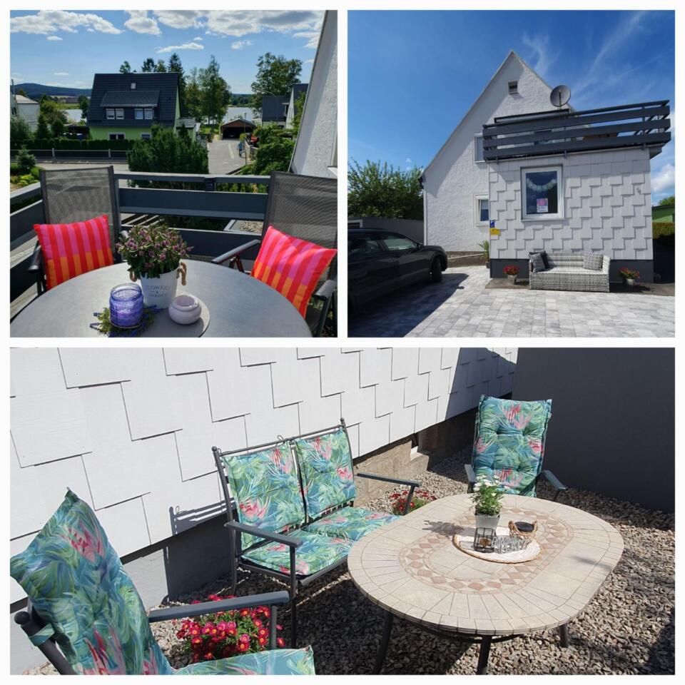 Collage einer gemütlichen Terrasse mit bunten Kissen, einem runden Tisch und Topfpflanzen neben einem weißen Haus – ideal zum Entspannen in einer Ferienwohnung am See –, mit einem geparkten schwarzen Auto und einer Vorstadtgegend im Hintergrund an einem sonnigen Tag.
