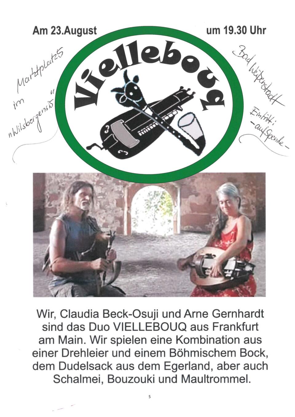 Duo VIEL­LE­BOUQ – Kon­zert mit Dreh­lei­er, Böh­mi­scher Bock, Dudel­sack, Schal­mei, Bouz­ou­ki & Maultrommel