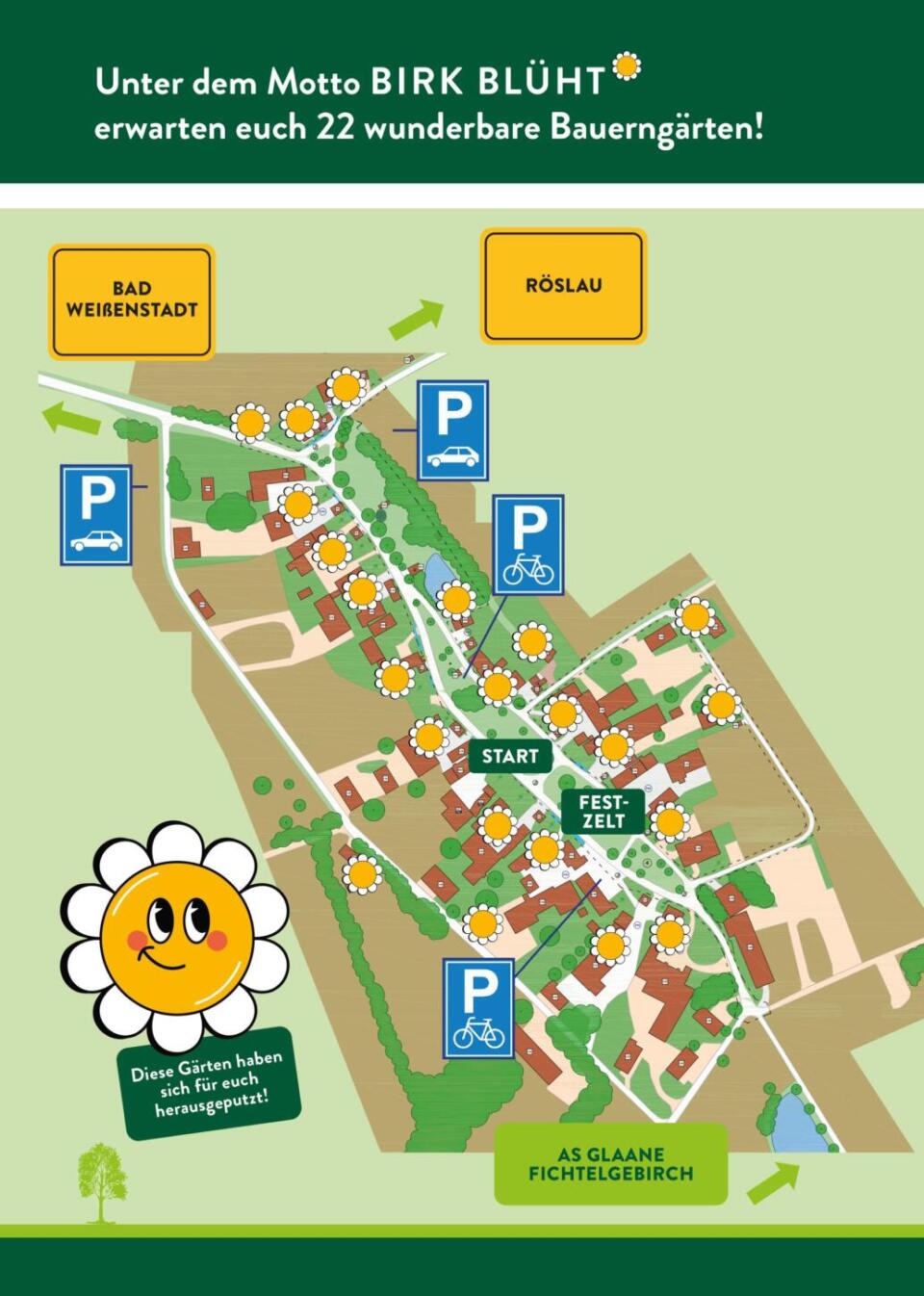Illustrierte Karte mit 22 markierten Gärten in einem Dorf anlässlich der Veranstaltung „Birk blüht“, die Teil der Feierlichkeiten zur Kirwa im Bad Weißenstädter Ortsteil Birk ist. Enthält Parksymbole und fröhliche Blumensymbole sowie beschriftete Wegbeschreibungen zu nahegelegenen Orten und ein lächelndes Blumen-Maskottchen.