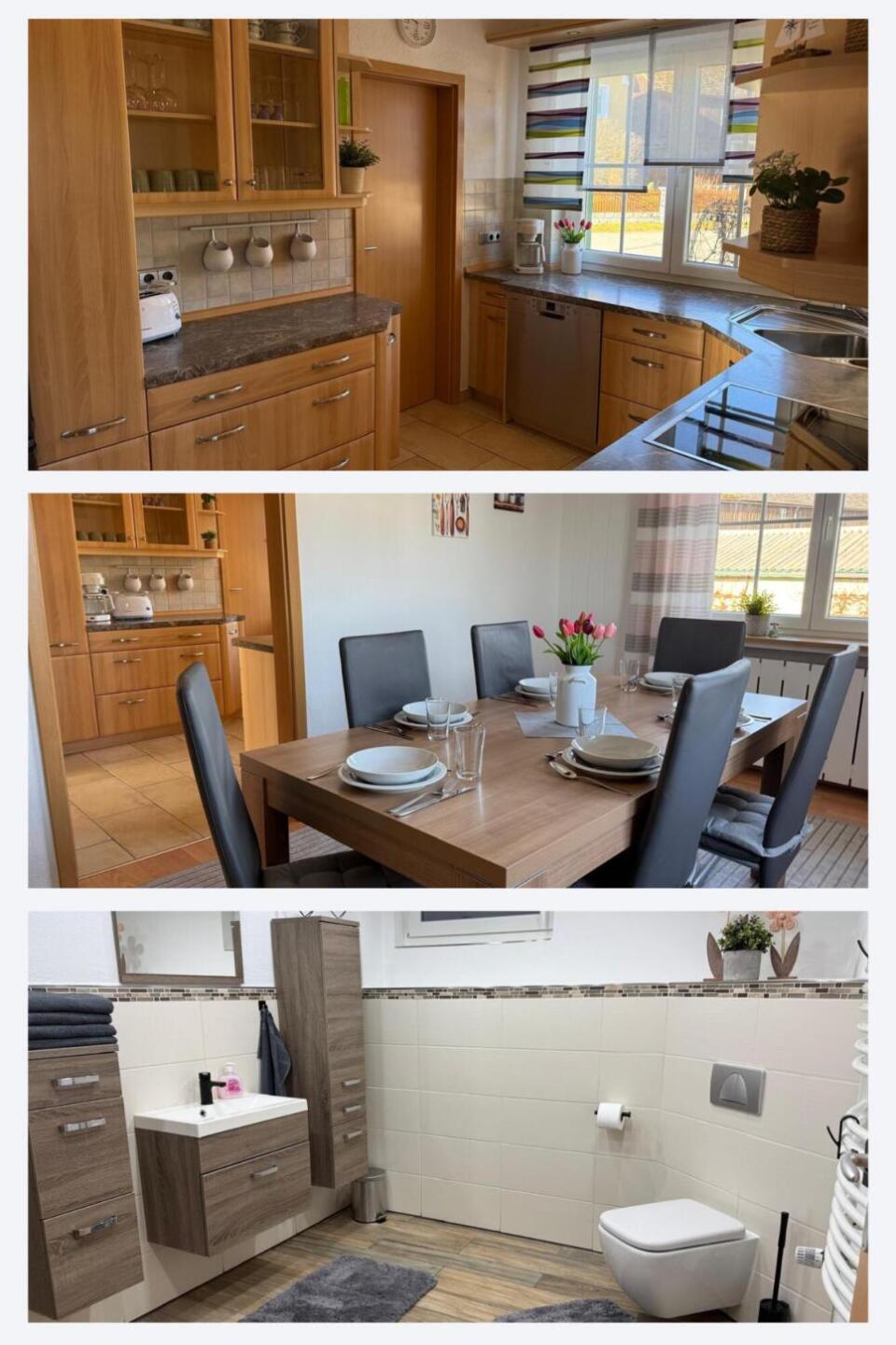 Drei Bilder zeigen eine moderne Küche mit Holzschränken, ein für vier Personen gedecktes Esszimmer mit Blumen sowie ein Badezimmer mit Waschbecken, Toilette und dezenter Einrichtung. Alle Räume sind sauber und hell.