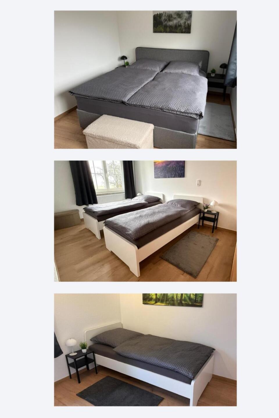 Drei Fotos von schlicht eingerichteten Schlafzimmern: Das erste verfügt über ein Doppelbett, das zweite über zwei Einzelbetten und das dritte über ein Einzelbett. Jedes Zimmer ist minimalistisch möbliert, mit neutraler Bettwäsche ausgestattet und verfügt über einen kleinen Nachttisch.