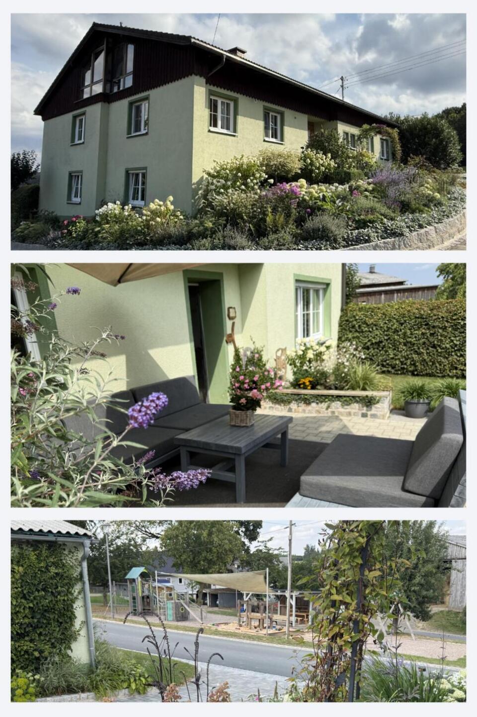 Drei übereinander angeordnete Bilder: ein grünes Haus mit Garten; eine gemütliche Sitzecke im Freien mit Blumen; und ein Blick auf eine Straße mit Bäumen und einem kleinen Gebäude im Hintergrund, aufgenommen aus einem Garten heraus.